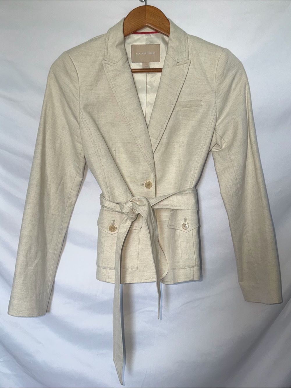 New Banana Republic Beige Linen & Cotton Blazer Safari Suit & Belt Jacket Size 2